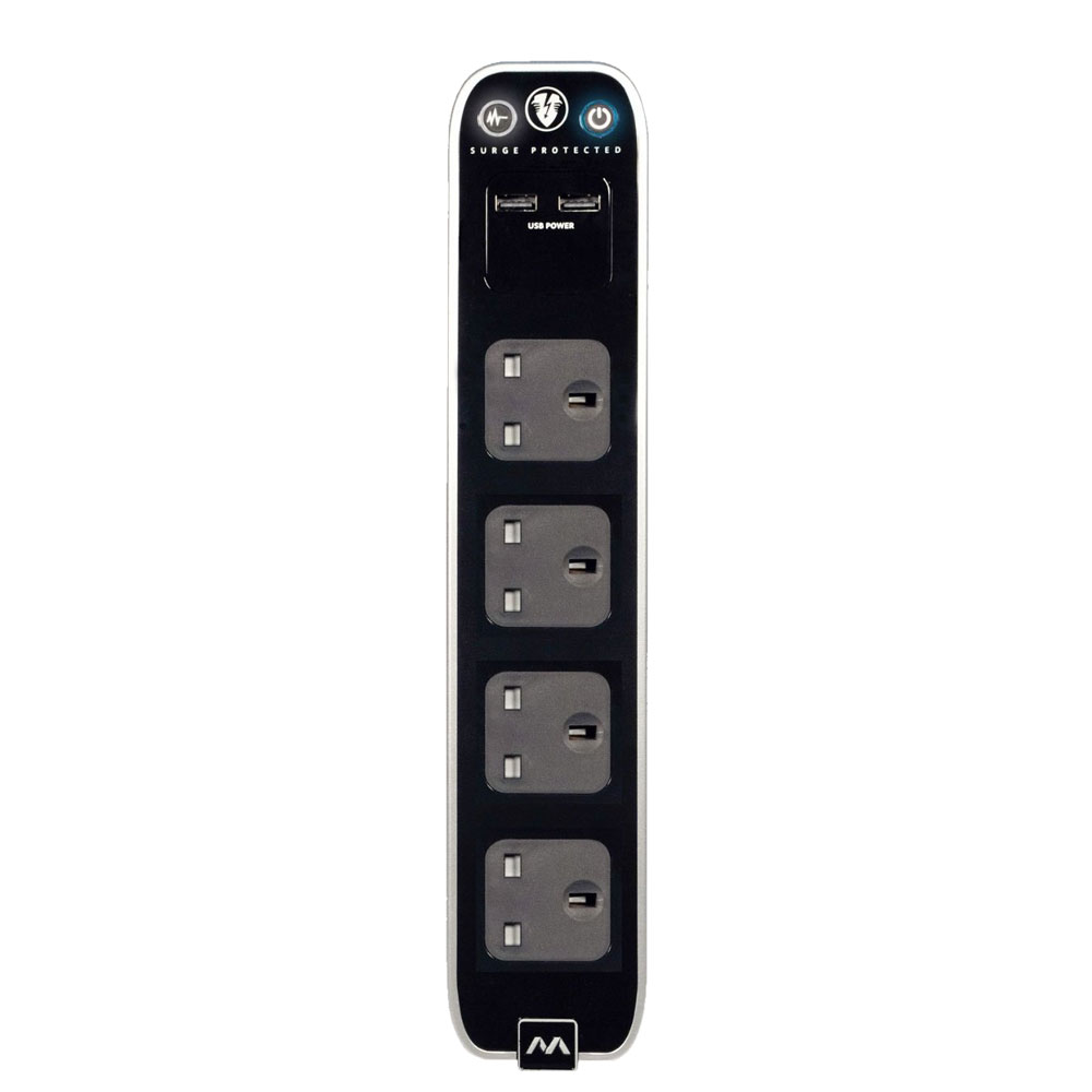 Masterplug USB 2.1a Surge Protected 1m Extension Lead with 4 sockets - Black