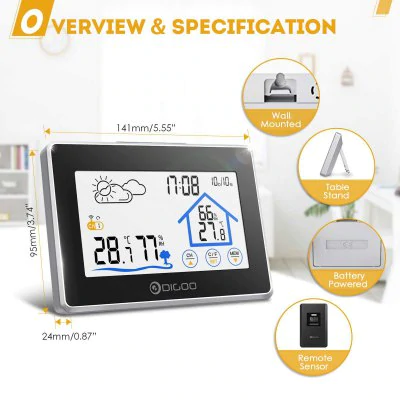 Touch Indoor Outdoor Weather Station Forecast Sensor Thermometer Hygrometer Meter Calendar
