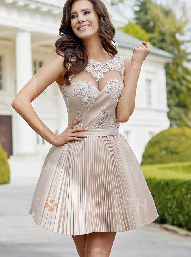 A-Line Round Neck Champagne Satin Homecoming Party Dress with Appliques-Cheap Casual Dresses