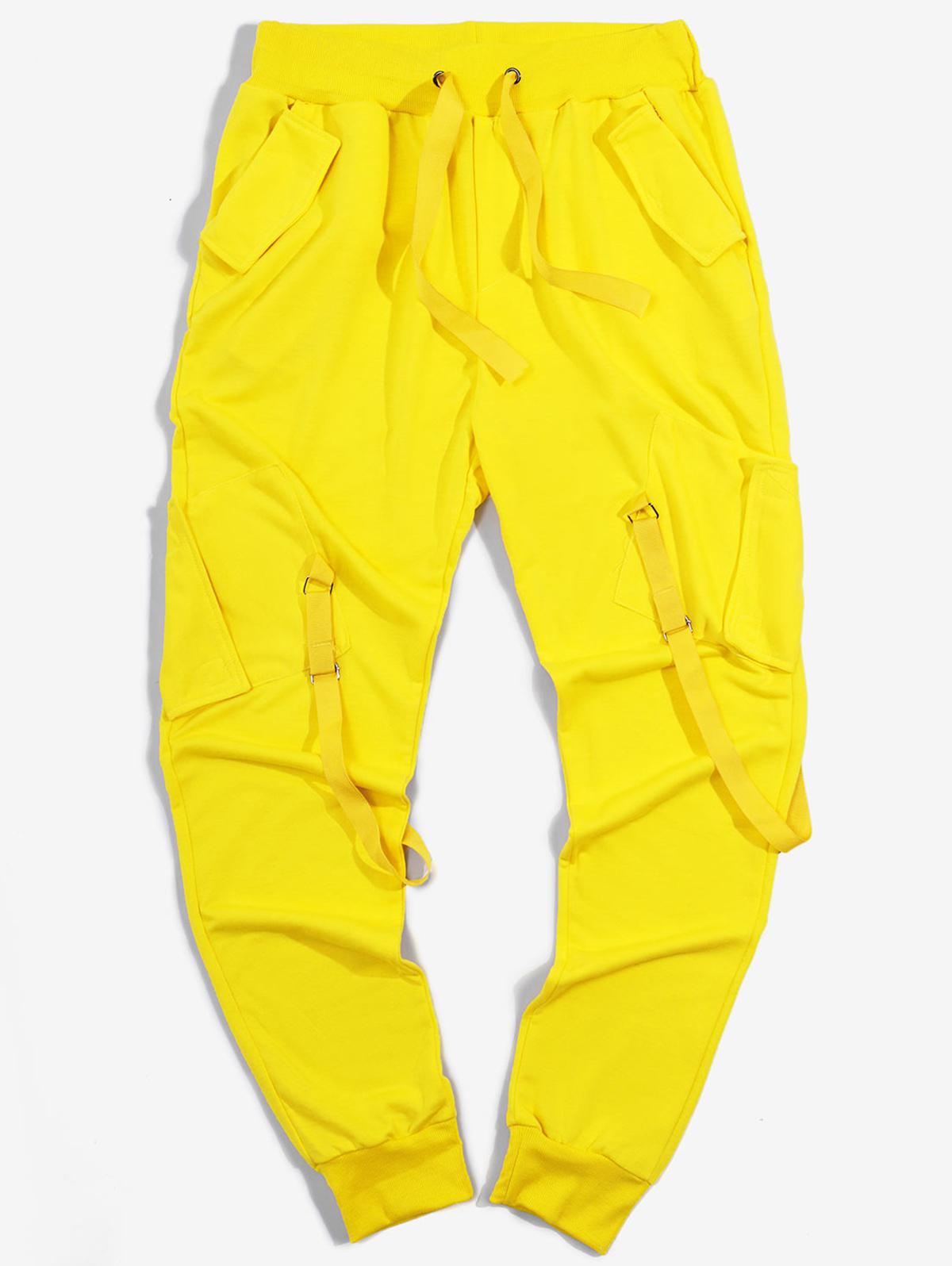 Ribbon Pockets Long Elastic Sport Cargo Techwear Pants 2xl Yellow