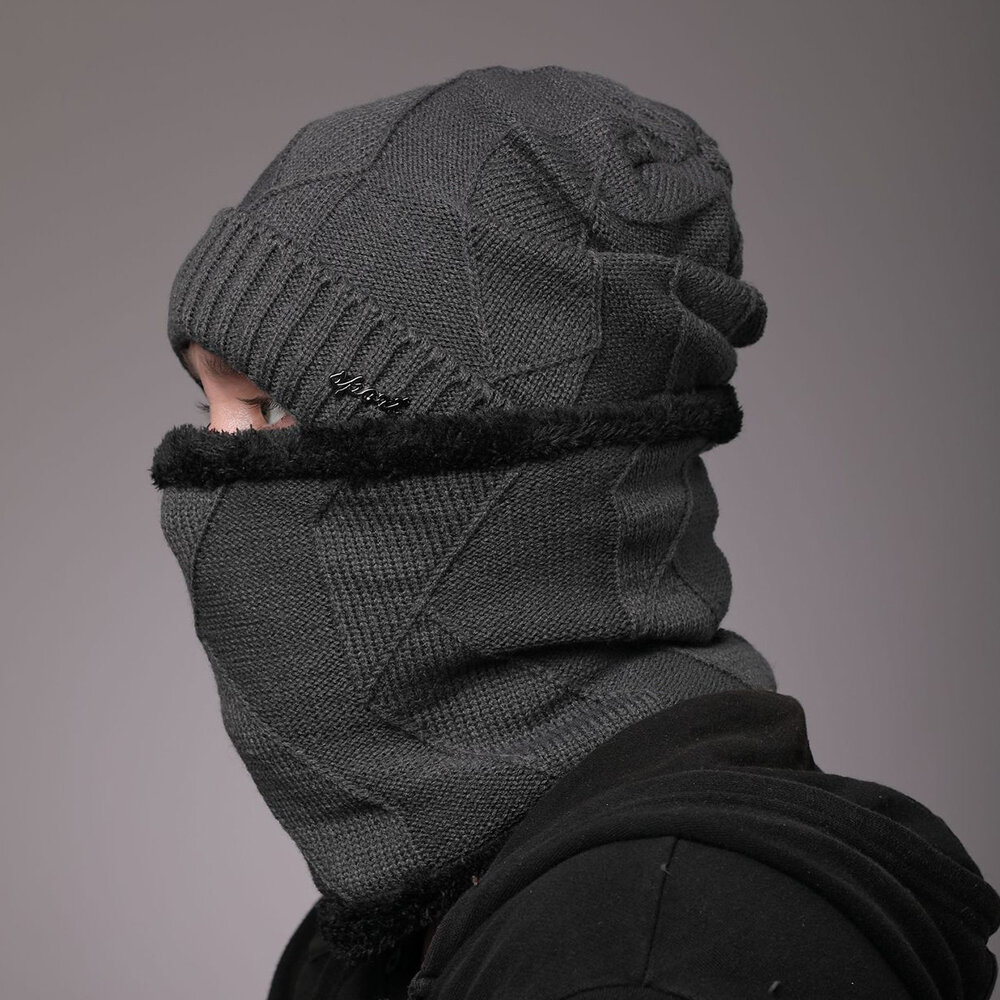 Unisex 2PCS Plus Dicker Winter im Freien Warm halten Hals- und Gehörschutz Kopfbedeckungsschal gestrickt Hut Mütze