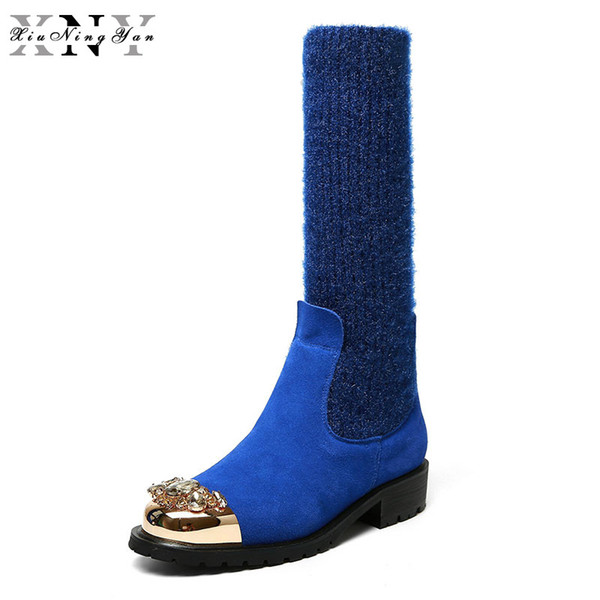 XiuNingYan 2018 Square Heel Women Mid-calf Boots Fashion Rhinestone Metal Round Toe Cow Suede Shoes Woman Knitting Boots Women