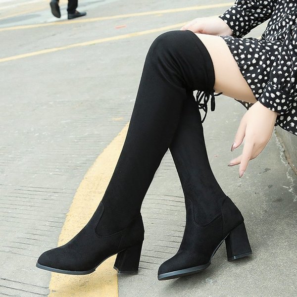 2021 Winter Women's Boots Fashion Slip-On Square-Heel Suede Boots Round Head High Heel Thick Heel Women's 1