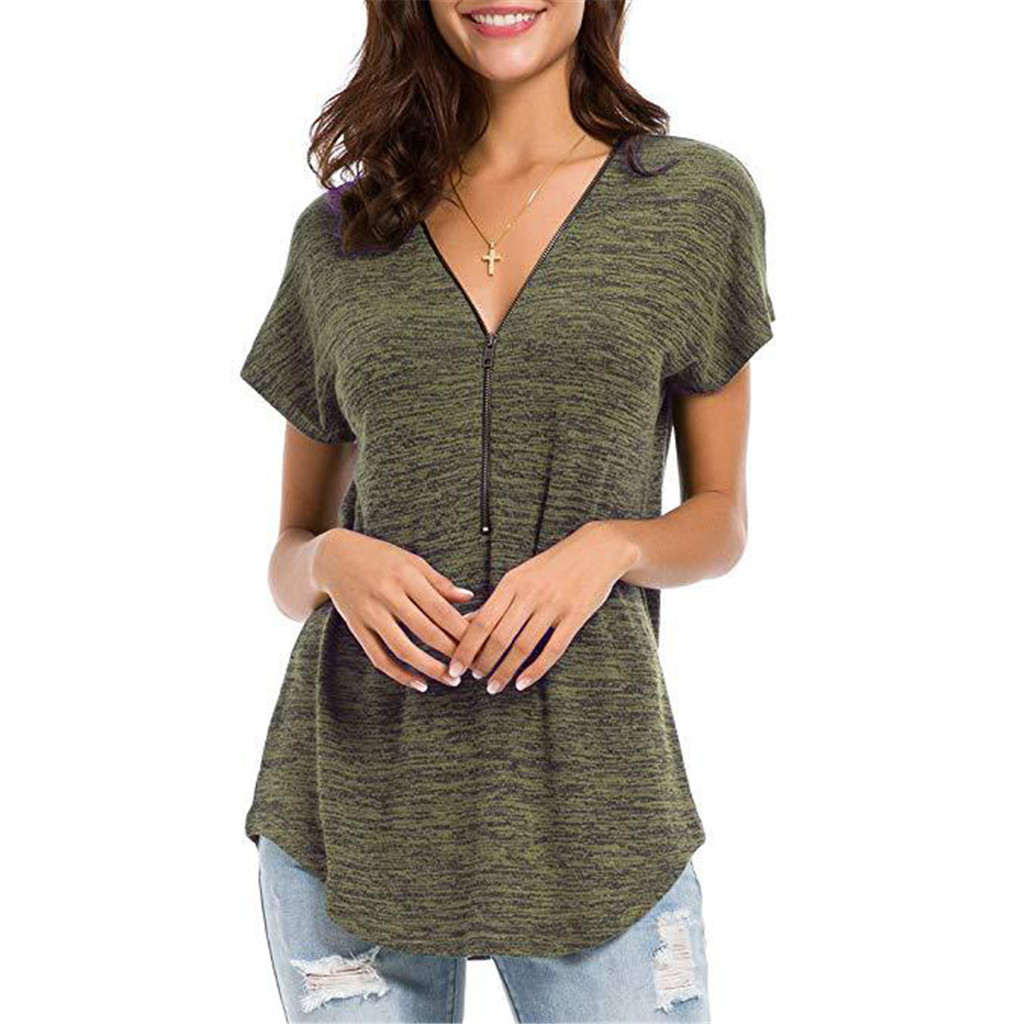 Trendy Zipper V-neck Short-sleeve Tee