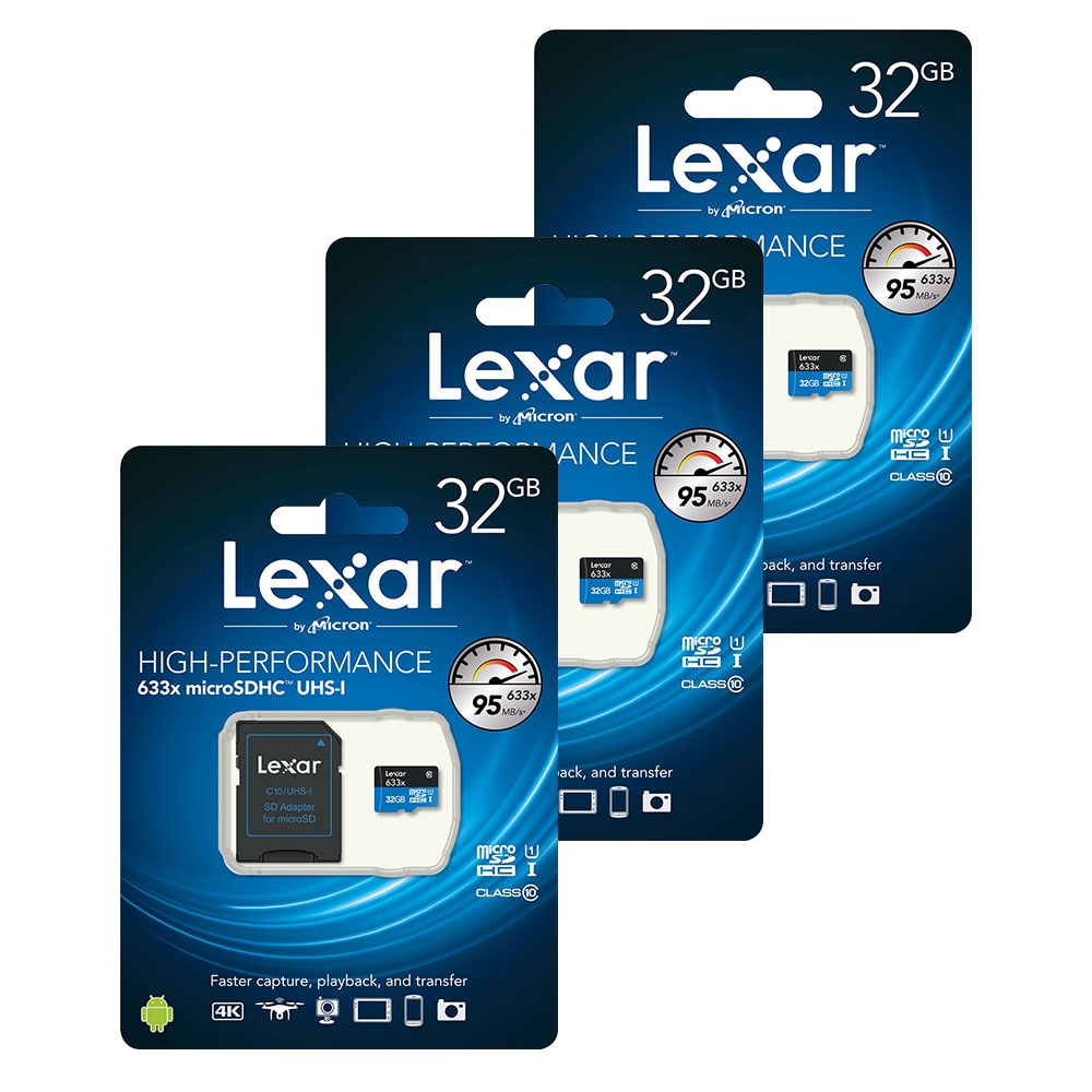 Lexar Micro SD SDHC Memory Card Class 10 UHS-1 95 MB/s with SD Card Adapter for HD and 4K - 32GB - Value 3 Pack
