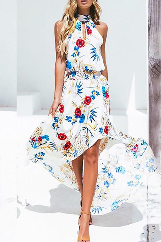 A| Chicloth Halter Midi Dress Date Holiday Floral Dress-Cheap Casual Dresses