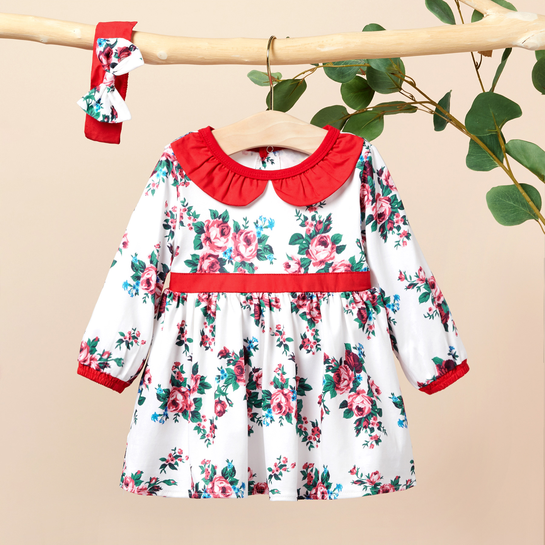 2-piece Baby / Toddler Doll Collar Floral Allover Long-sleeve Dress and Headband Set