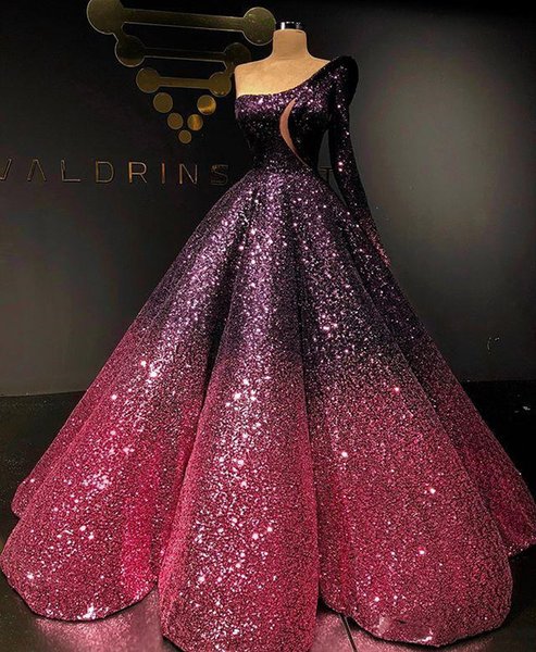 Arabic Ball Gown Evening Dresses One Shoulder Long Sleeve Formal Women Party Gowns Gradient Sequins