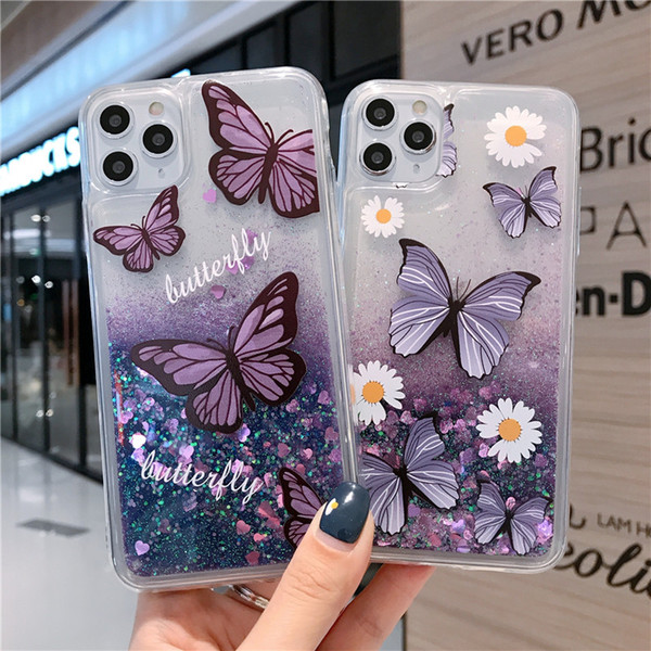 For iphone 12 case 11 pro X XS max XR 6 7 8 plus fashion daisy flower butterfly glittering flow heart sequins sand clear cover phone case