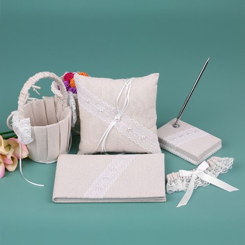 5 teile / satz Vintage Sackleinen Spitze Hochzeit Liefert Satin Blumenmädchen Korb + Ring Bearer Kissen + Gästebuch + Stifthalter + Braut Strumpfband Set
