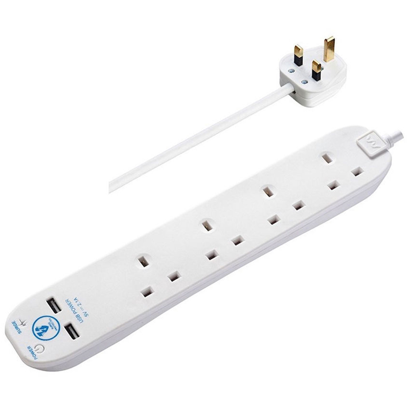 Masterplug Surge Protected 2M - 4 Socket Extension Lead + 2 USB Port - White