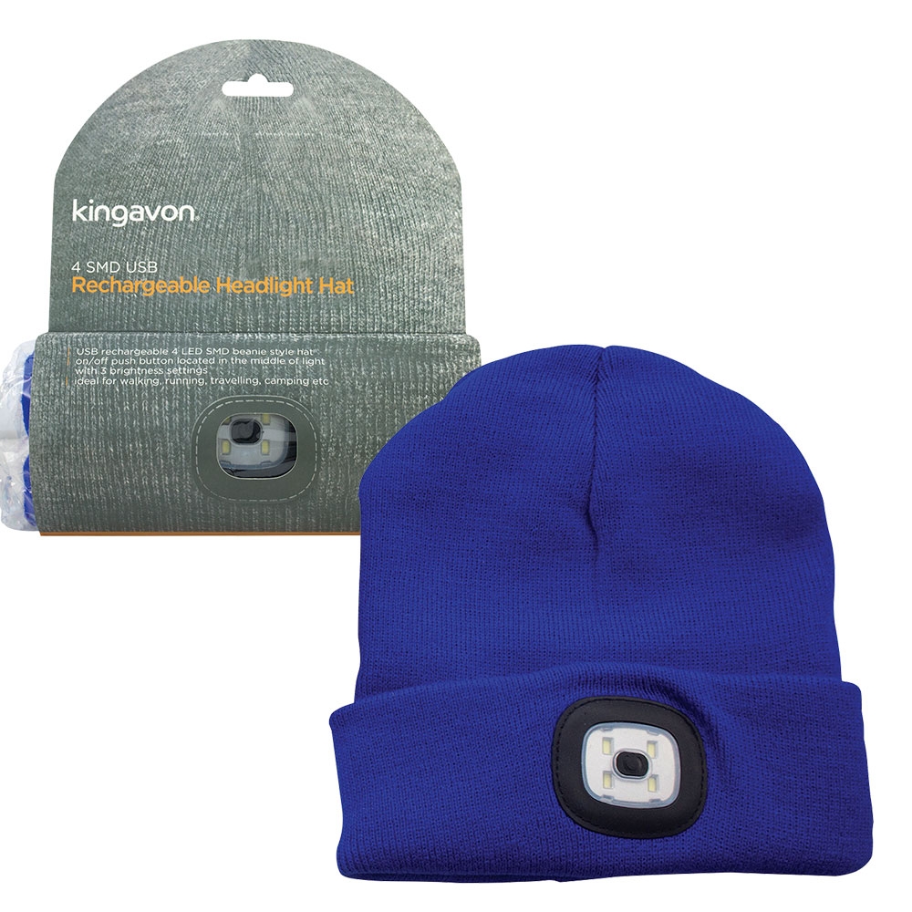 Kingavon Beanie Hat with Built-in 4 SMD LED Headlight, Headlamp - 3 Mode USB Rechargeable - Blue