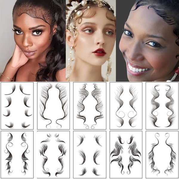 Fake Woman Baby Curly Hair Edges Tattoo Sticker DIY Natural Temporary Waterproof Face Hairline Makeup Tool Pony Tail Styles Sleek Bangs Decal Design