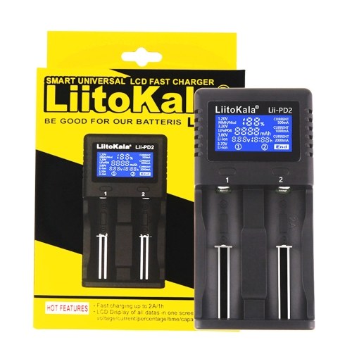 Chargeur de batterie intelligent LIITOKALA LII-PD2 pour 18650 26650 21700 Batteries rechargeables au Lithium NiMH 2 emplacements chargeur de détecteur de polarité automatique de charge indépendante
