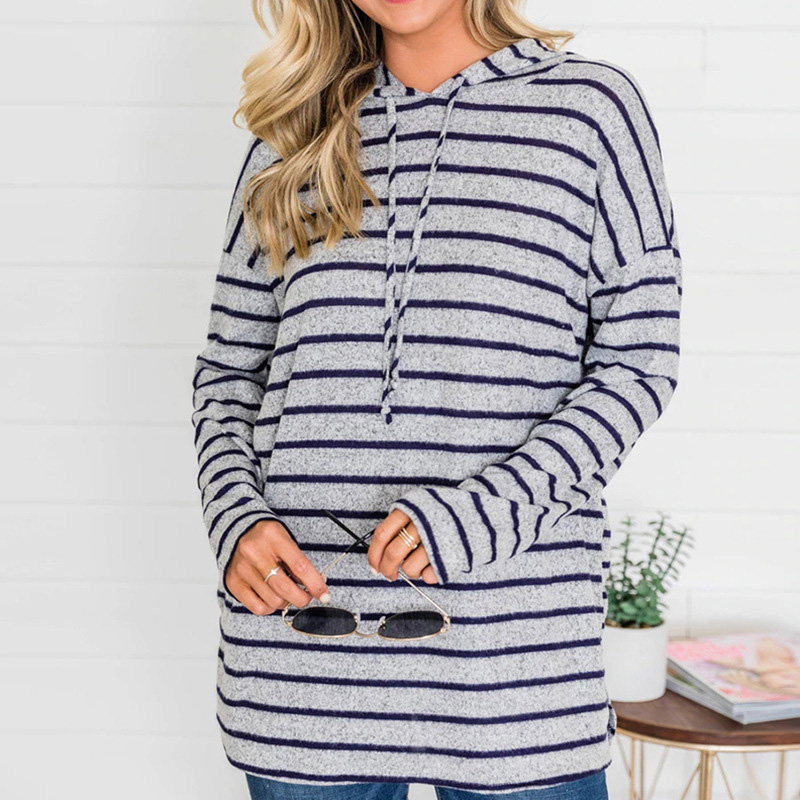 Casual Striped Side Slit Hooded Top