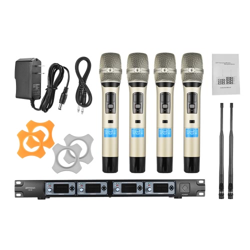 ammoon 4D-B Professional 4 Channel UHF Wireless Handheld Microphone System 4 Microphones 1 Wireless Receiver 6.35mm Audio Cable LCD Display for Karaoke Family Party Presentation Performance Public Address