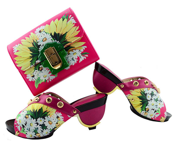 Gorgeous fuchsia ladies pumps african shoes match handbag set and prints flower for dress GL01,heel 7.5CM