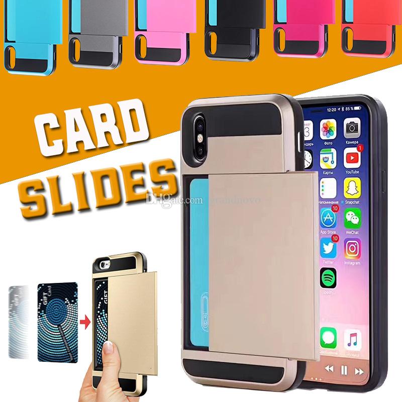 Slides Case Hybrid Armor Shocproof 2 in 1 Dual Layer Card Hard Cover For iPhone XS Max XR X 8 7 6 Plus Samsung Note 9 S9 S8 S7 J3 J4 J6 J7