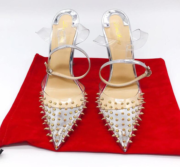 2019 free shipping Wedding women lady silver pvc Slingback spikes new Poined Toes high HEELED heels shoes Stiletto Heel shoes pump 12cm 10cm