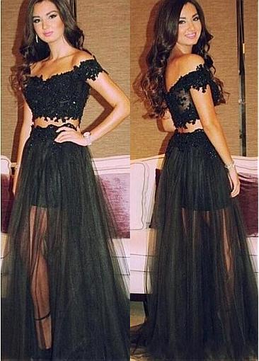 2019 Black Elegant Tulle Off the shoulder Two pieces A-line Evening Dresses Sweetheart Floor Length Applique Prom Gowns
