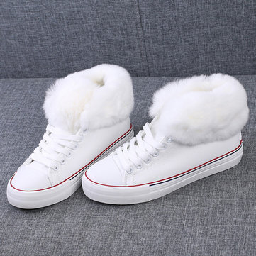 Canvas Furry Fur Lining Lace Up Flat High Top Boots