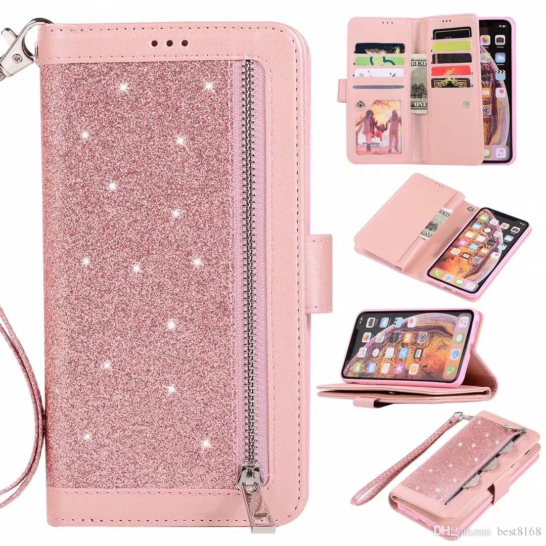 For Huawei Mate 20 Lite P20 Pro Galaxy Note9 8 S9 S8 Multifunction Leather Wallet Case Zipper 9Cards Bling Glitter Luxury Sparkle Flip Cover