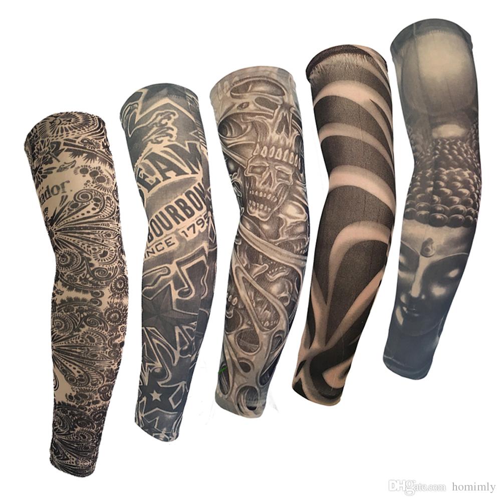 Summer Outdoor Sport Anti-UV Fake Nylon Elastic Tattoo Sleeve Skull Flower Buddha Totem Arm Sleeve Leg Art Fashion Tattoo Apparel Oversleeve