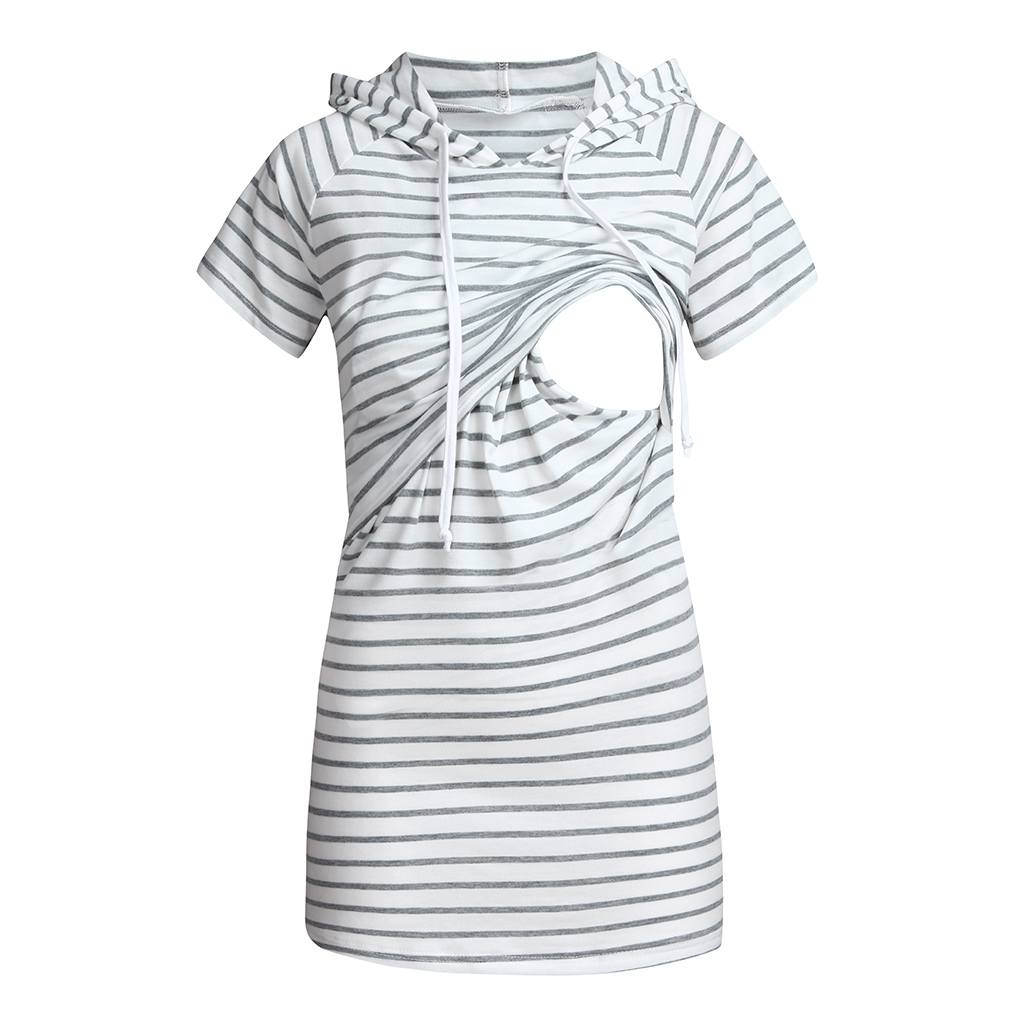 Casual Striped Short-sleeve Nursing Hoodie
