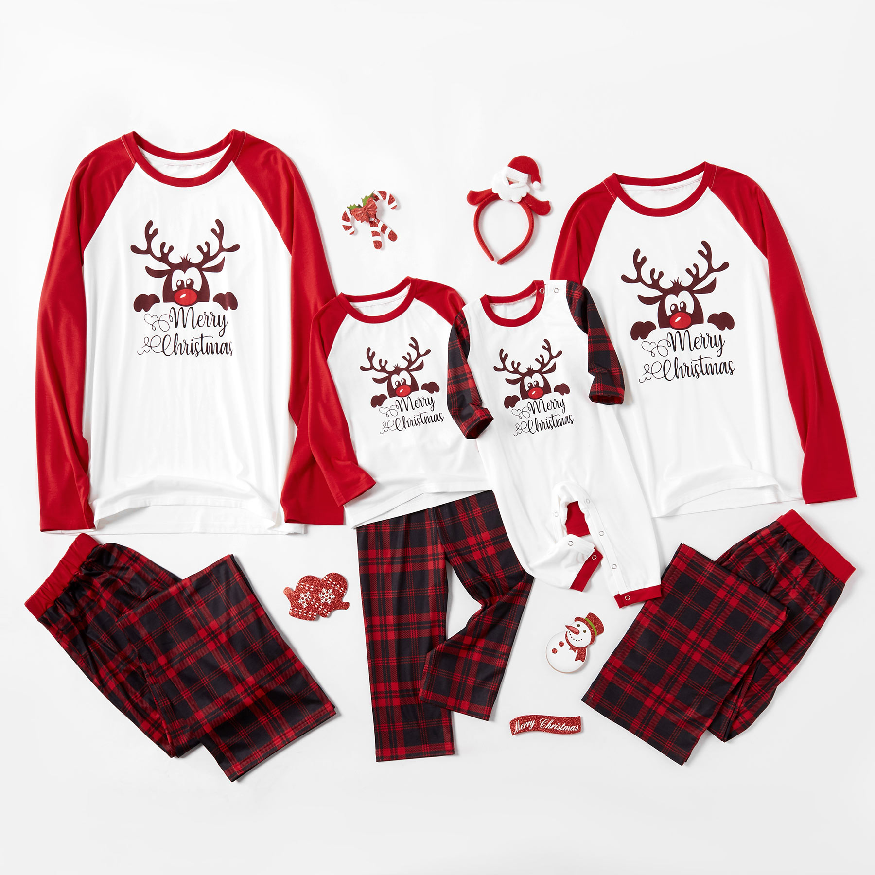 Merry Christmas Cute Deer Print Top and Plaid Pants Family Matching Pajamas Set
