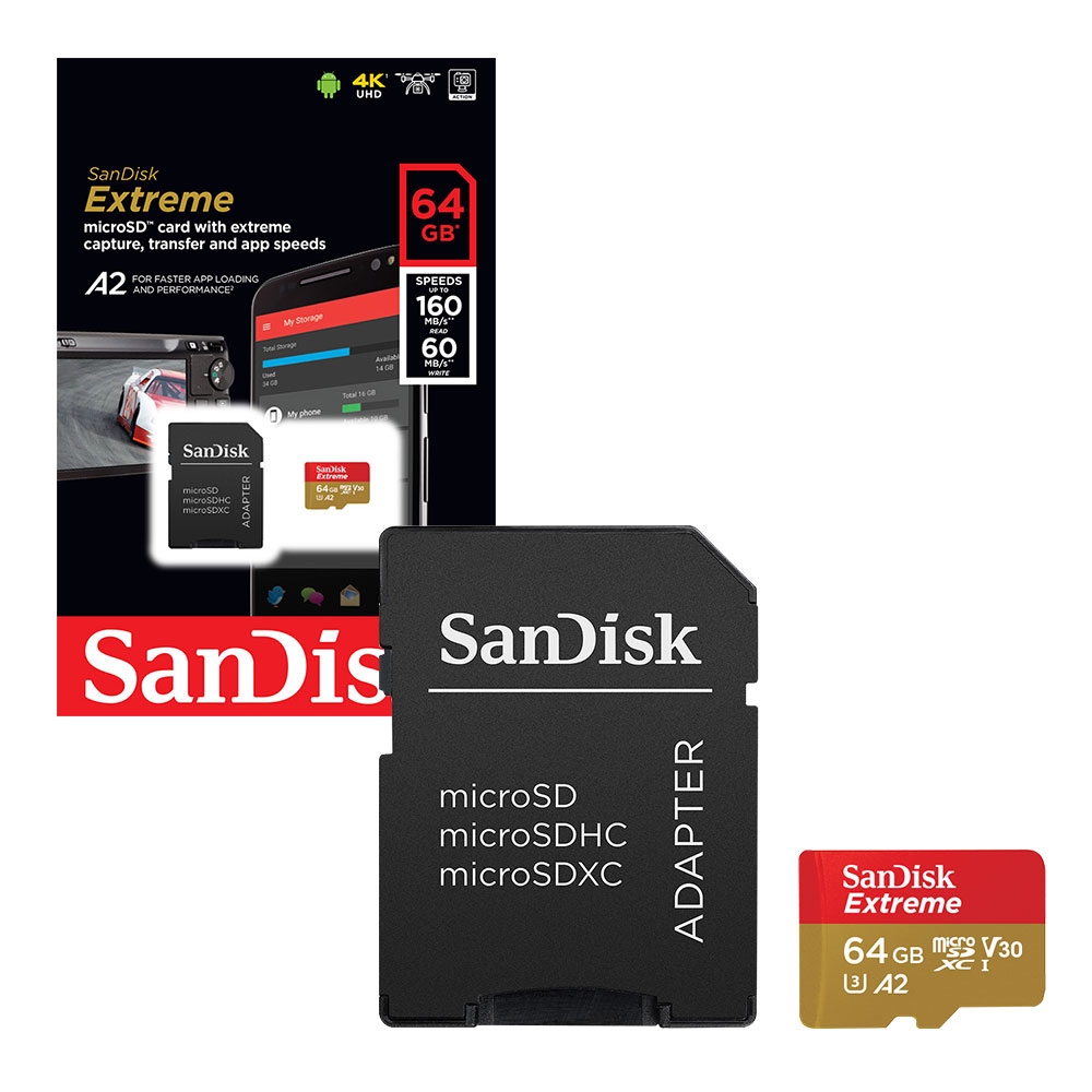 SanDisk Extreme Micro SD SDXC Memory Card Class 10 UHS-1 U3 UHD 4K A2 160MB/s with SD Card Adapter - 64GB