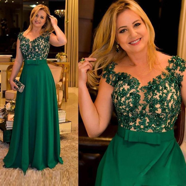 Mother of the Bride Dresses 2020 For Wedding Green Sheer Neck Lace Appliques Beaded Bow Evening Party Gowns Mother Wedding Guest Groom Dress