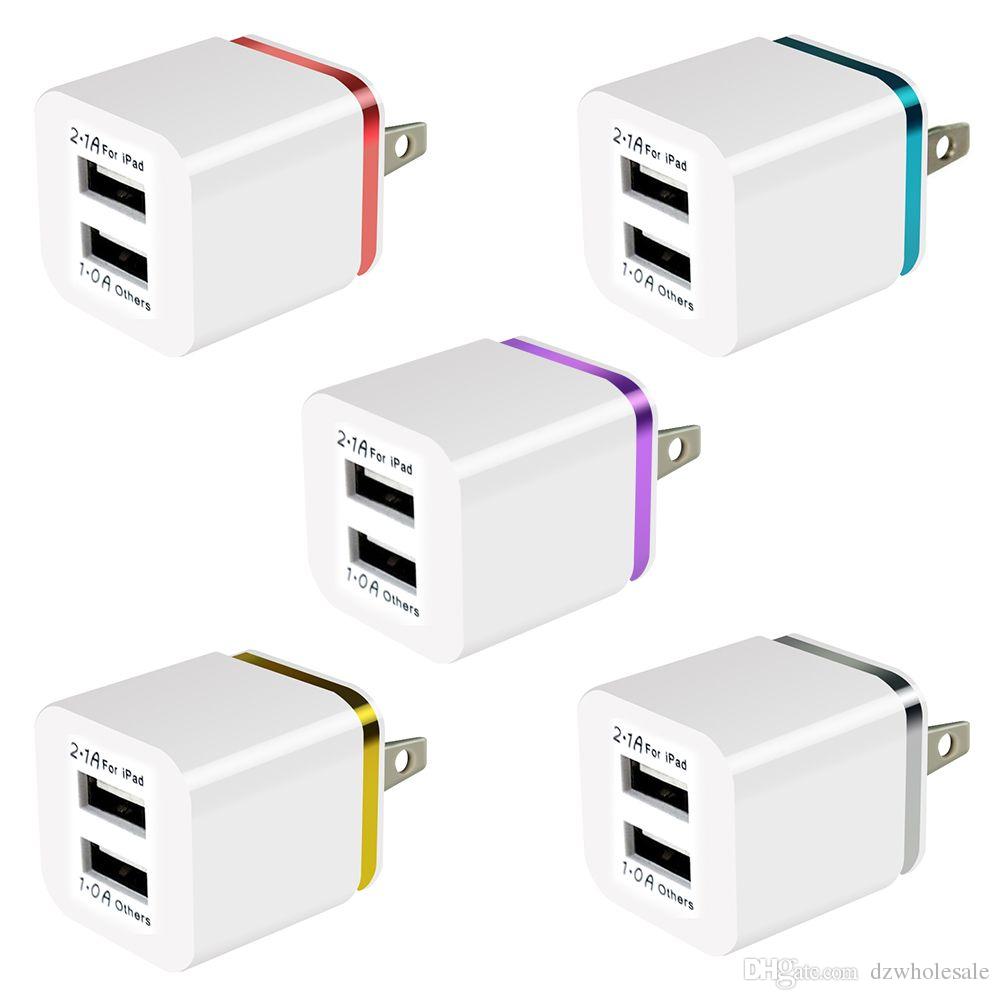 100Pcs/Lot Colorful 2A+1A US Plug AC Power Adapter Home Trave Wall 2 Port Dual USB Charger For IPhone 4 5 6 Plus 7 7Plus For Samsung HTC