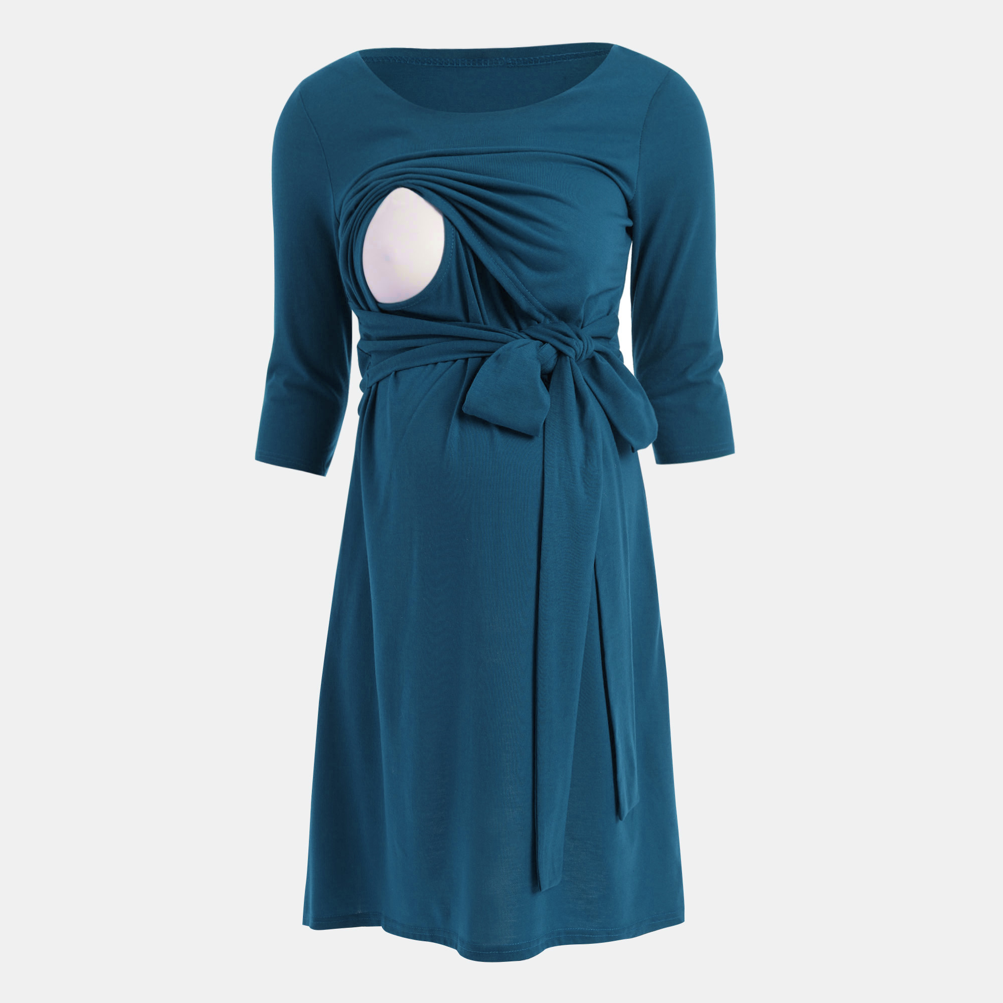 Stylish Solid Belted Long-sleeve Nursing Dress