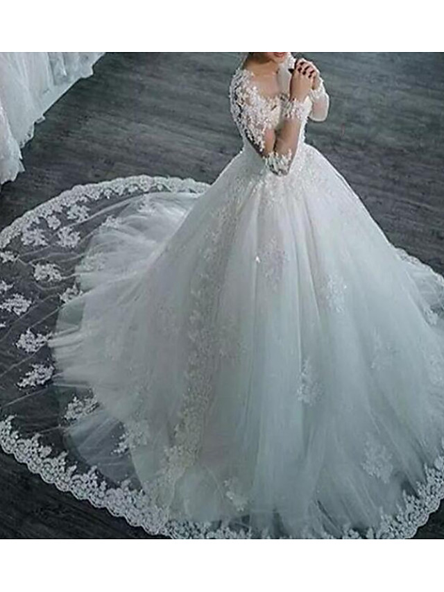 A-Line Wedding High Neck Long Sleeve Bridal Gowns Lace