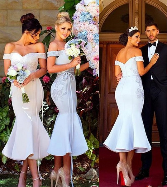 Modest Tea Length Mermaid Bridesmaids Dresses 2019 Off Shoulder Open Back High Appliques Short Country Maid Of Honor Party Prom Gowns Cheap