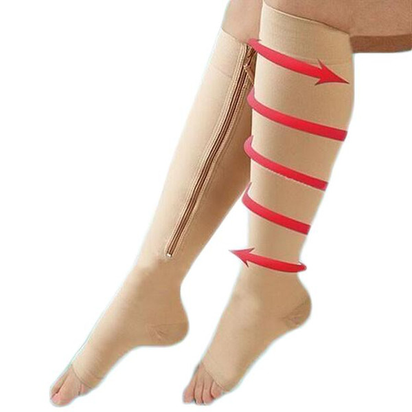 Zip Sox Zip-Up Zippered Compression Knee Socks Supports Stockings Leg Open Toe Hot Shaper Black and Beige by DHL
