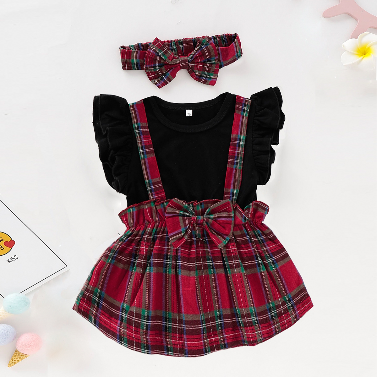 2-piece Baby/Toddler Girl's Plaid Splice Dress and Bow Headband