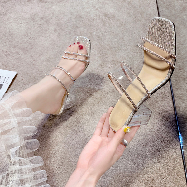 7 CM Clear Heels Slippers Sandals Women Transparent Square Heels Summer Pvc Open Toe Slippers Women Gold Silver Party Slides