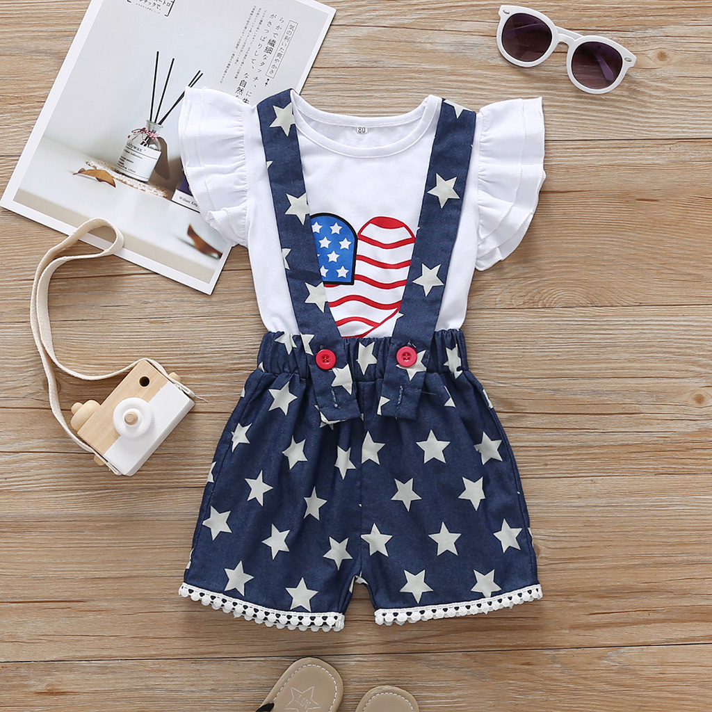 Baby / Toddler 4th July Independence Day Heart Print Ruffled Sleeve Top and Stars Allover Suspenders Shorts Set