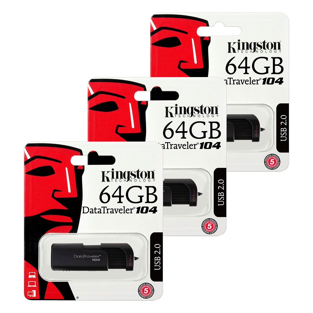 Kingston Data Traveler 104 USB 2.0 Flash Drive Memory Stick 64GB - Value 3 pack