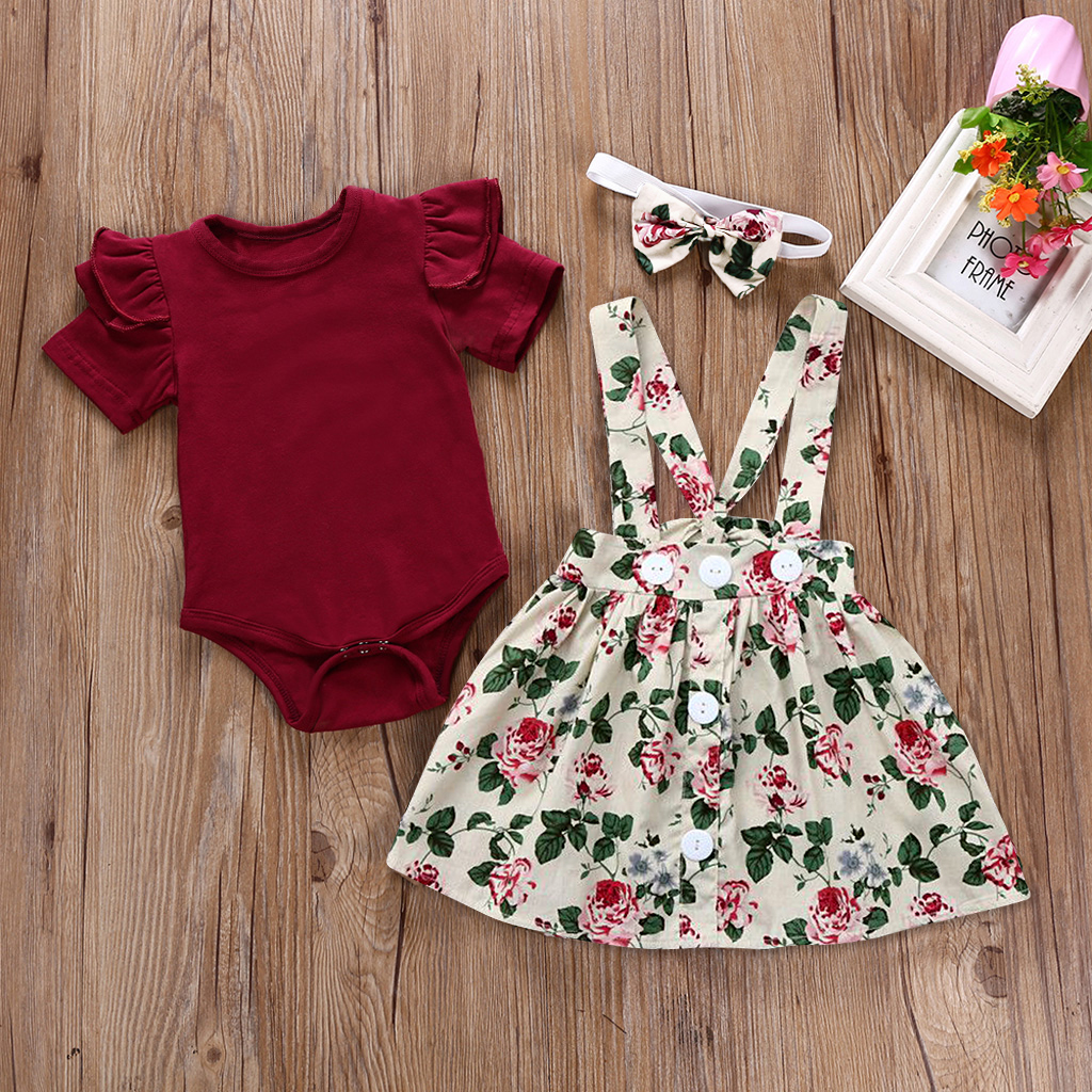 Ruffle Romper Buttons Decor Floral Dress and Headband Set