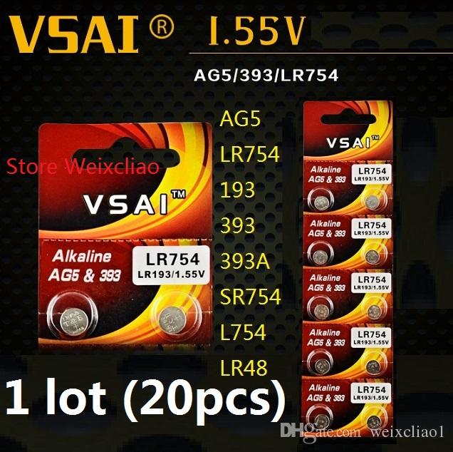 20pcs 1 lot AG5 LR754 193 393 393A SR754 L754 LR48 1.55V alkaline button cell battery coin batteries VSAI Free Shipping