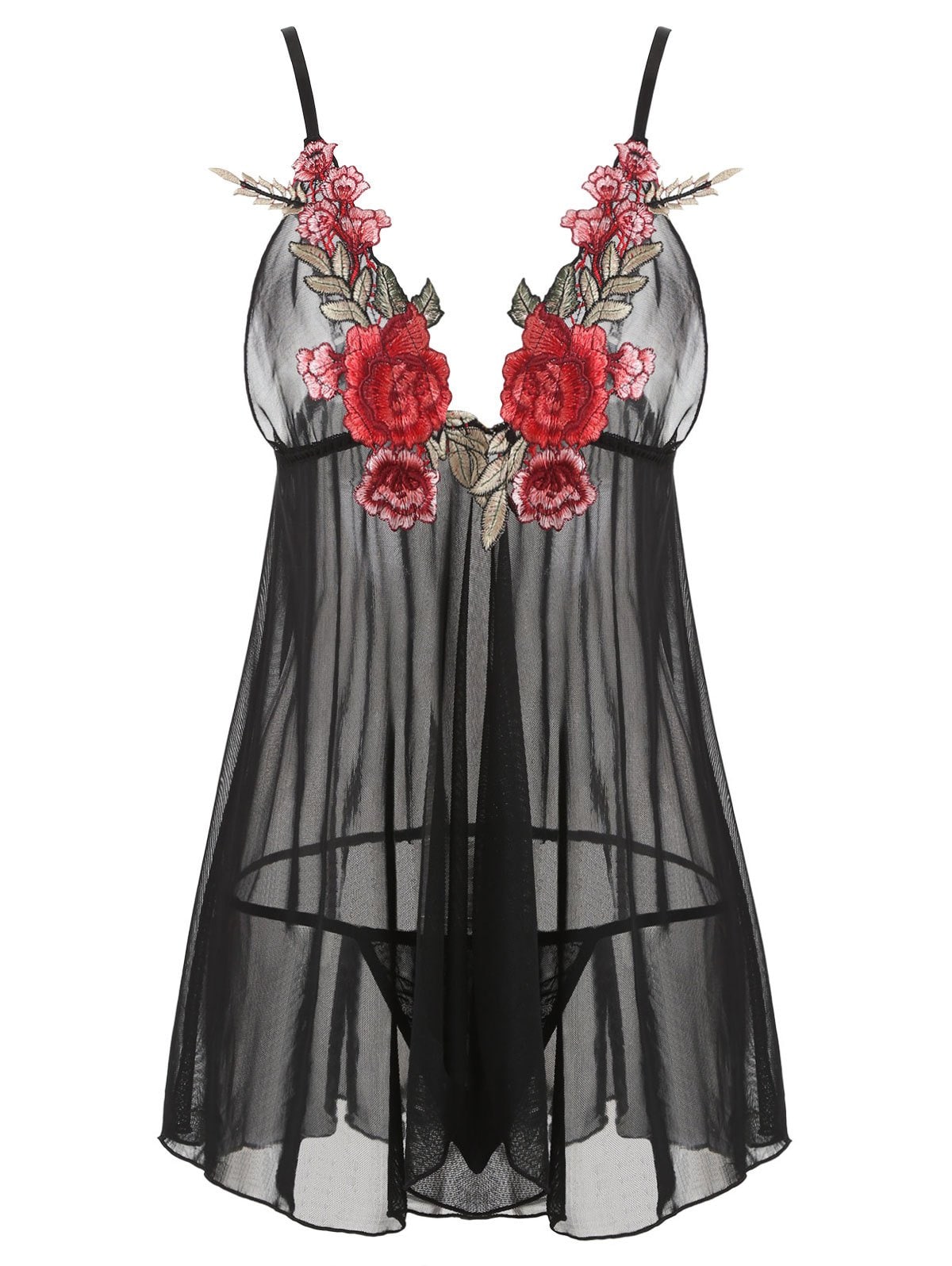 Plus Size Floral Applique Front Closure Mesh Babydoll