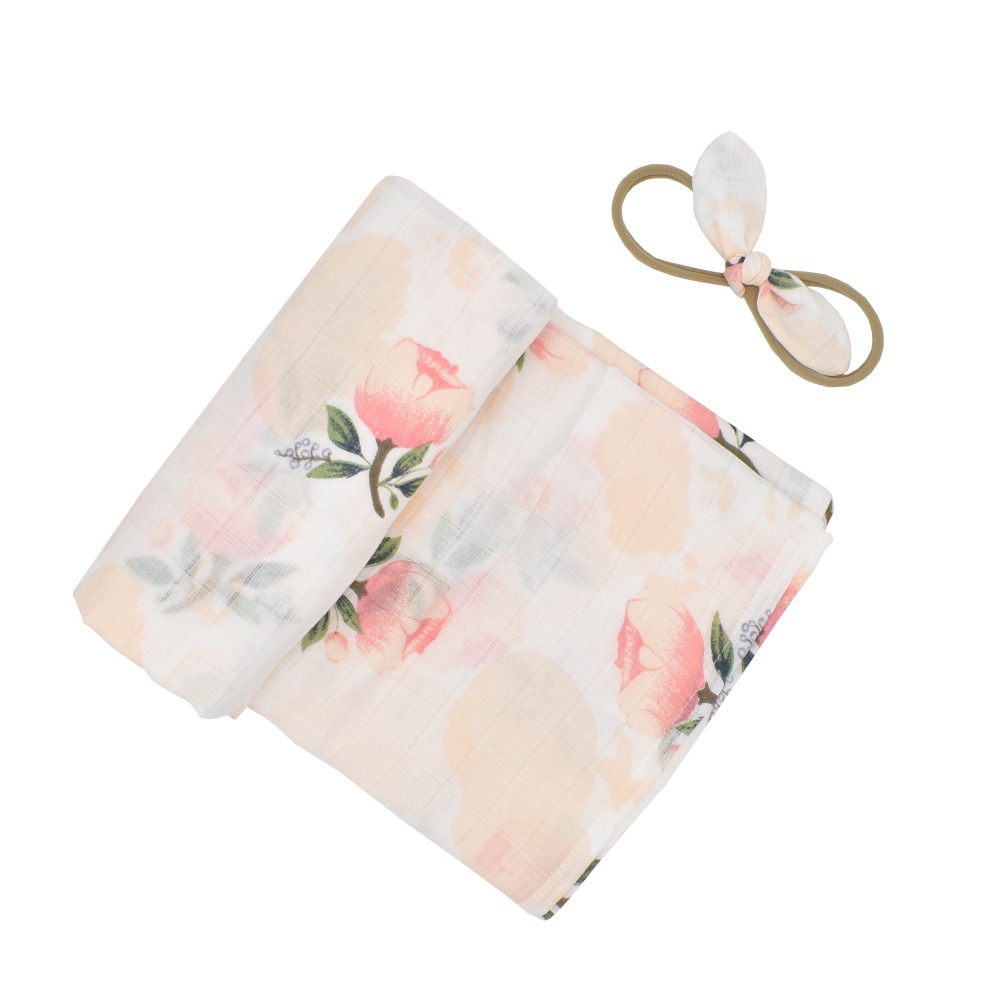 2-piece Full Floral Print Muslin Cotton Baby Wrap Blanket and Hairband Set
