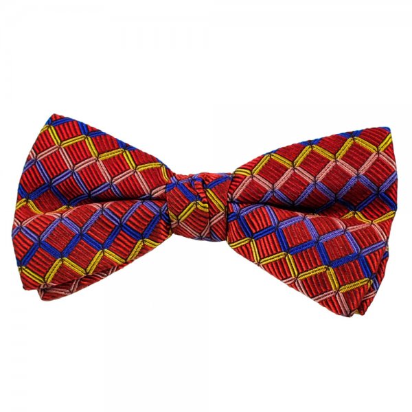 Red Multi Coloured Zig Zag Patterned Silk Bow Tie