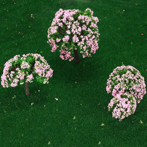 4 Stück Kunststoff Modell Bäume Zug Layout Garten Landschaft weiß und rosa Blumen Bäume Diorama-Miniatur-Pink
