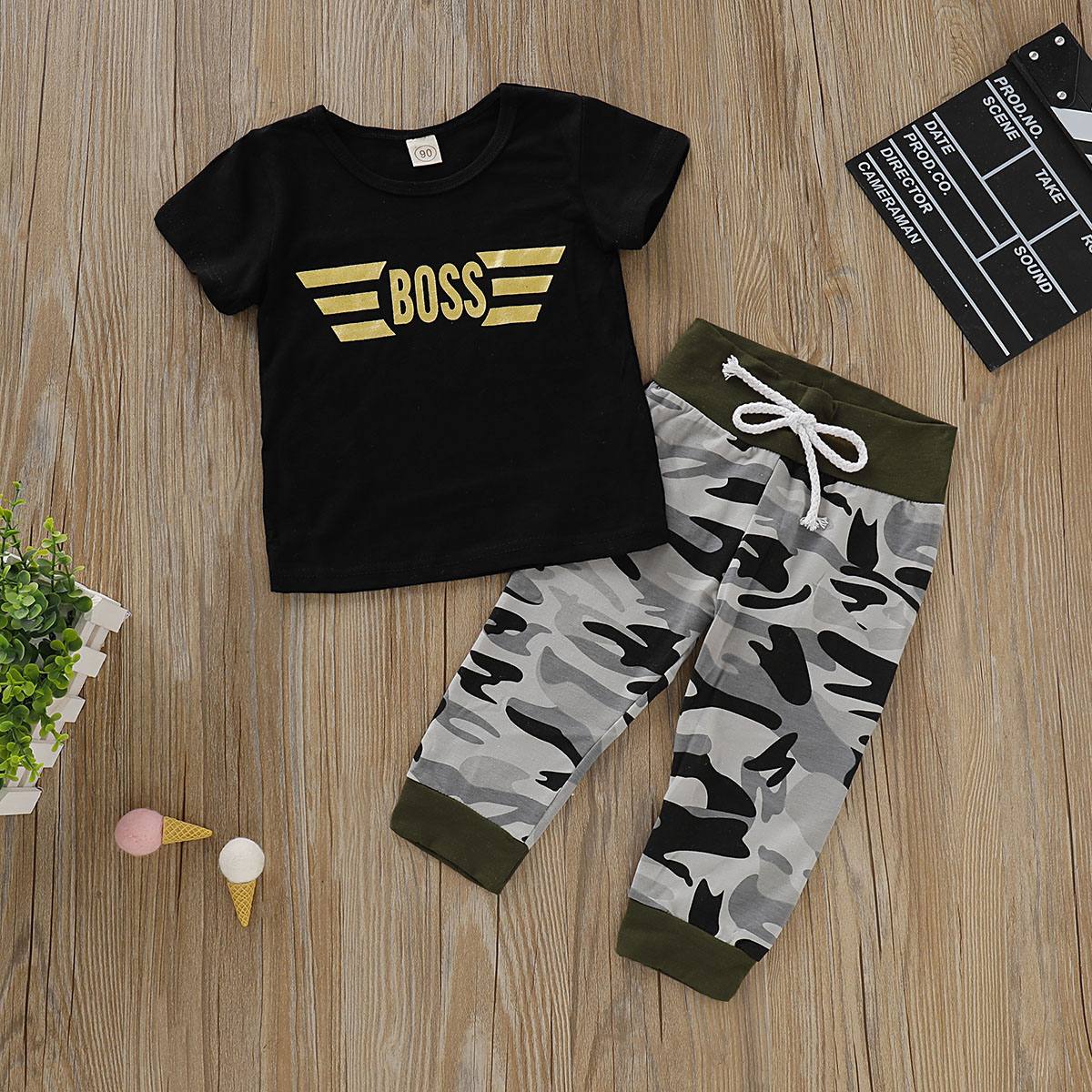 2-piece Toddler Boy's Letter Print Tee and Camouflage Pants Set