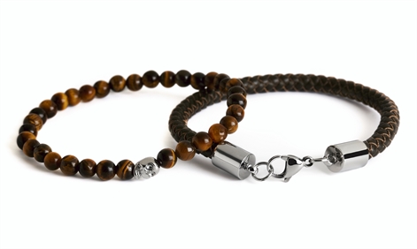 'Connor' Double bracelet leather and skull bead set brown