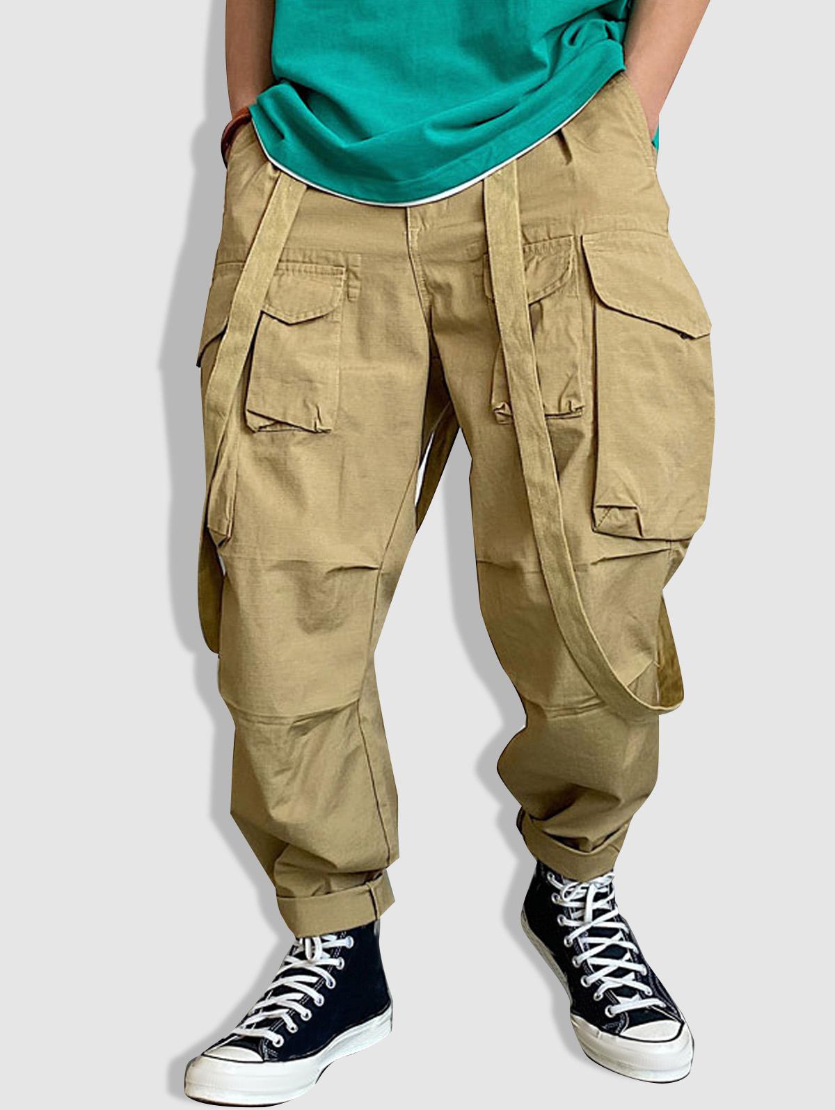 ZAFUL Men's Multi Pockets and Straps Design Streetwear Cargo Pants M Light coffee