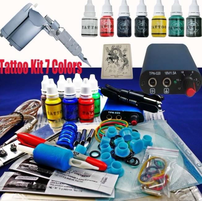 Super Tattoo Kit MIN Power Supply & Rotary Tattoo Motor Gun 7 Inks Needles Grips Tips Supply